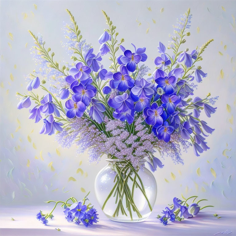 Blue Flowers and Greenery Bouquet in Clear Glass Vase on Soft Purple Background