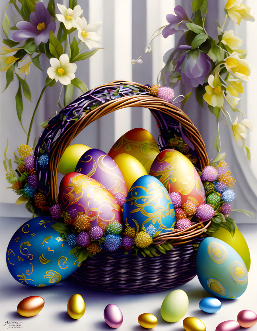 Vibrant Easter painting with wicker basket, ornate eggs, and spring flowers