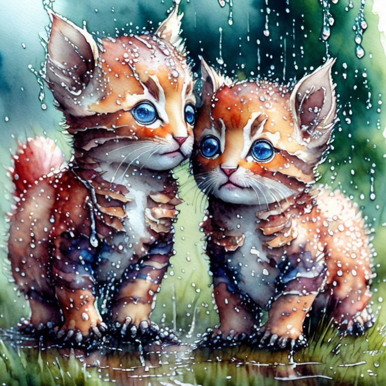 Adorable animated kittens touching noses in rain shower