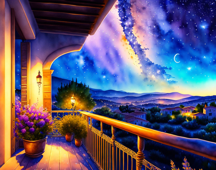 Scenic balcony view of village night scene with starry sky and sunset blend.