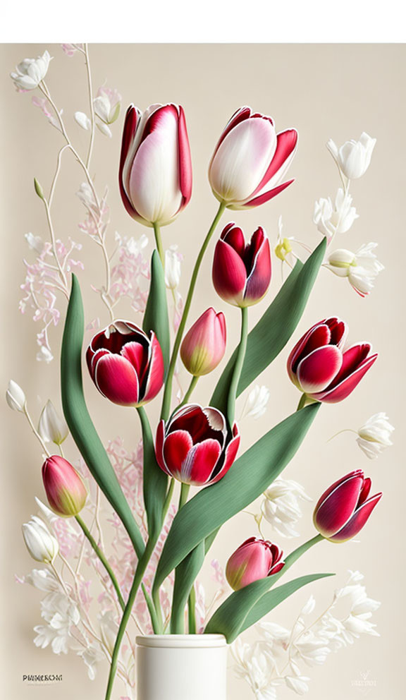 Red and White Tulip Bouquet in Vase on Pale Background