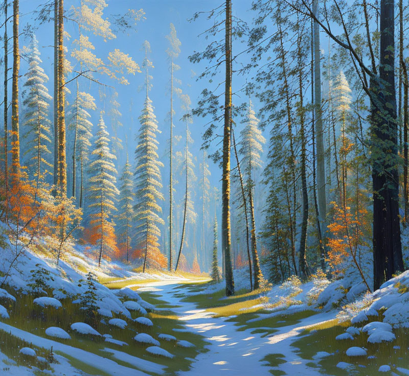 Serene snowy forest path with sunlight and autumn foliage