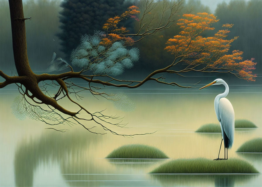 Tranquil lake scene with white heron, lush greenery & misty ambiance