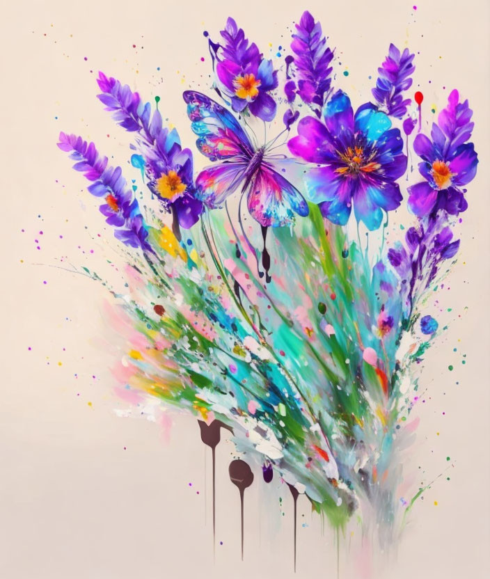 Colorful Abstract Painting: Purple Flowers, Butterfly, and Dripping Paint
