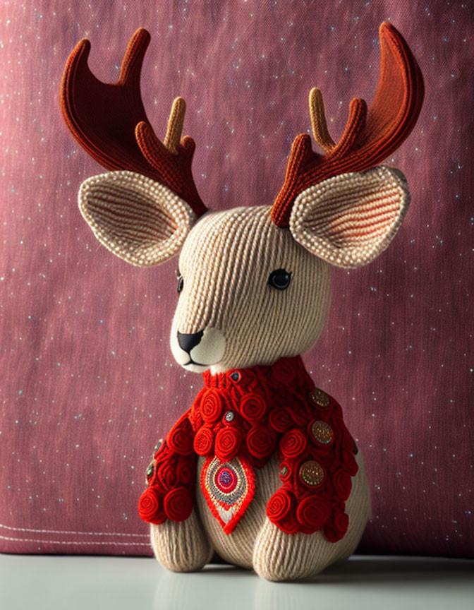 Knitted deer figurine with red antlers and floral chest on pink background