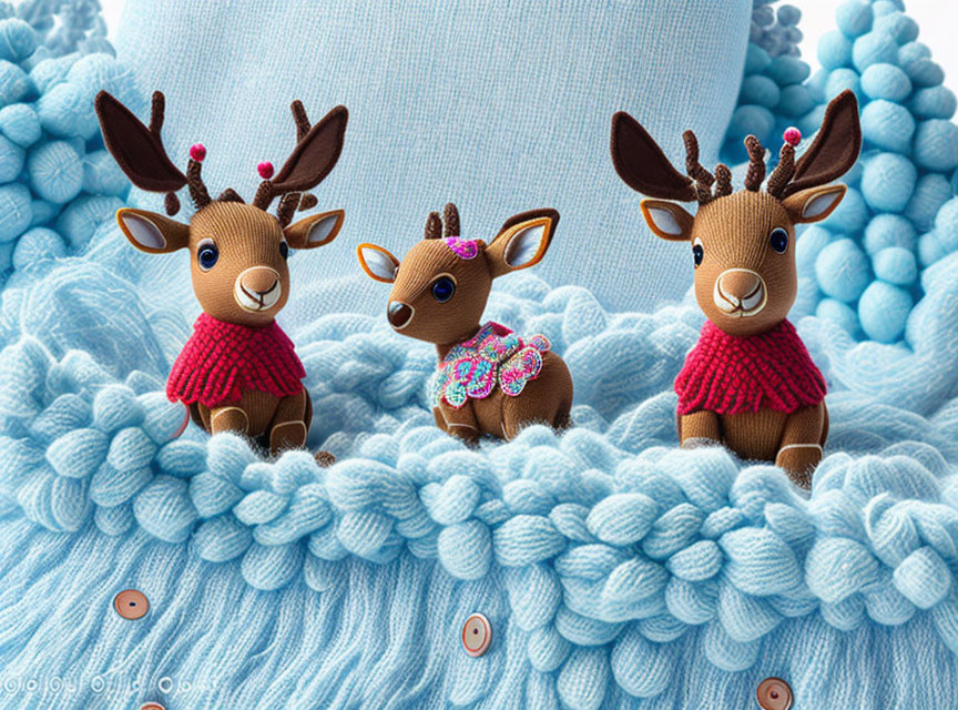 Three Toy Reindeer in Sweaters on Blue Textile with Buttons