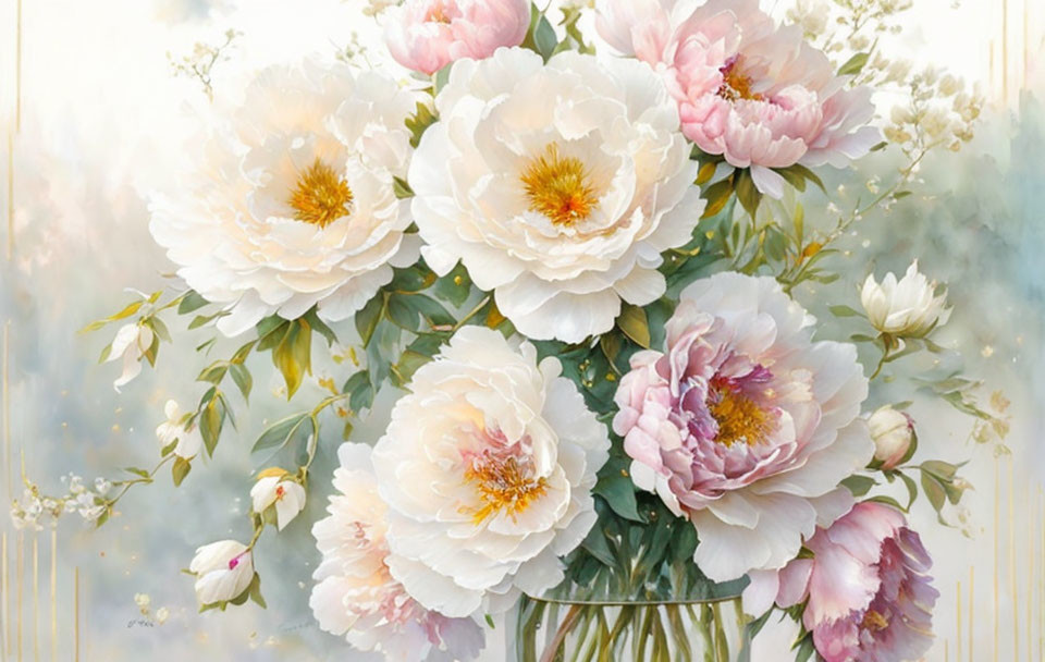 Lush White and Pink Peonies with Golden Centers in Soft Painterly Style