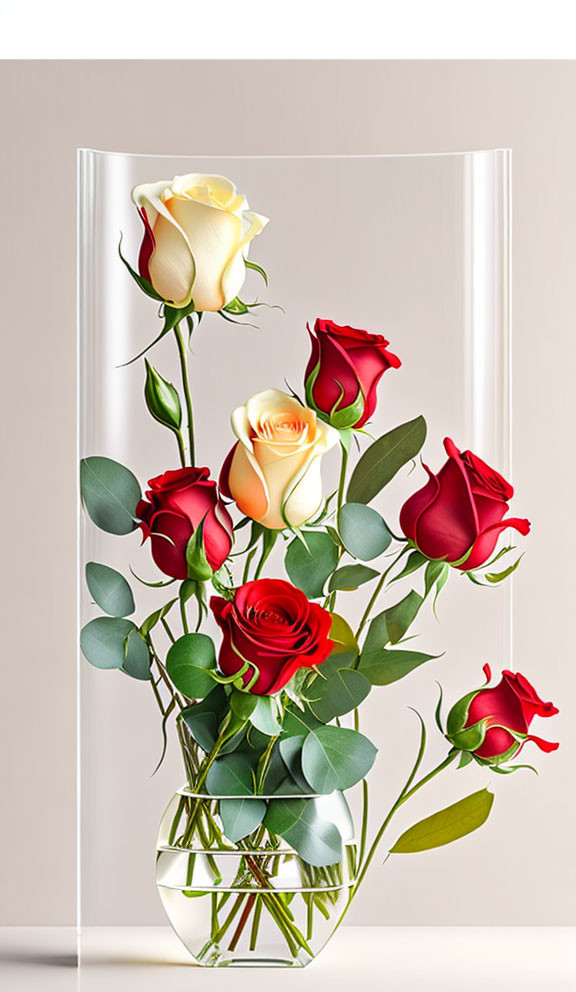 Transparent vase with red and yellow roses and green leaves on neutral background