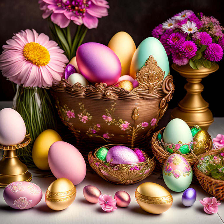Vibrant Easter egg baskets with pastel and metallic finishes and spring flowers