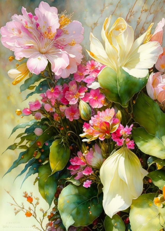 Pink and White Flowers Painting with Green Leaves and Buds