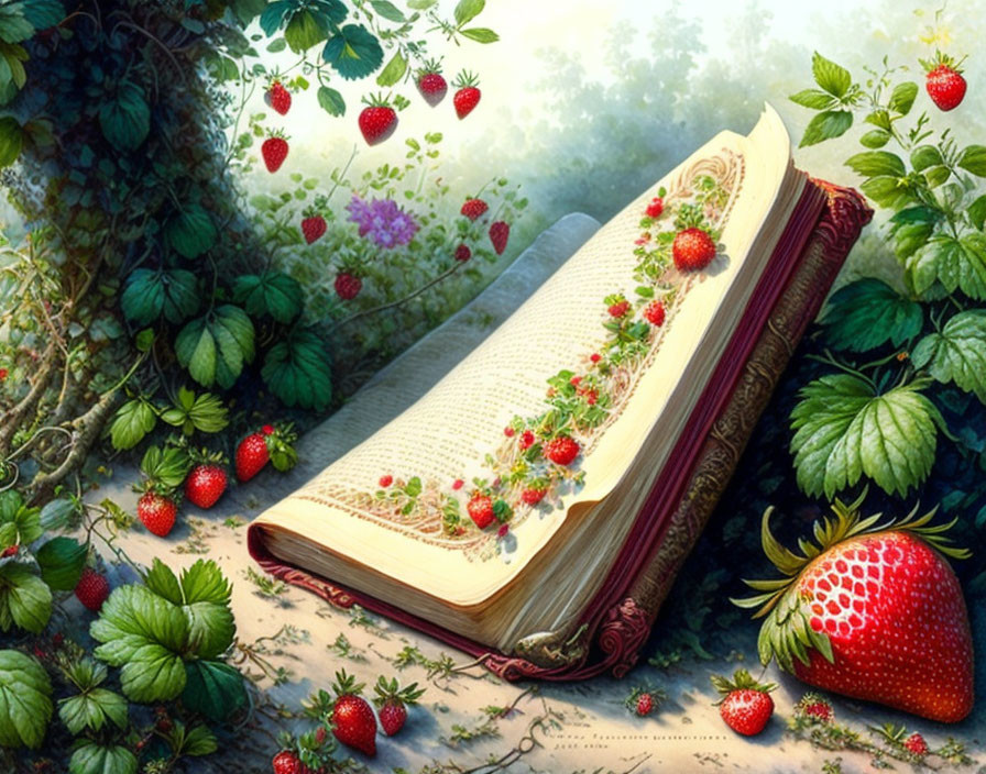Vibrant scene with open book, strawberries, and foliage