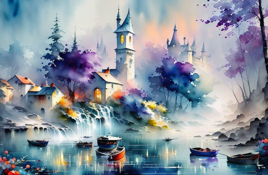 Colorful Watercolor Style Illustration of Whimsical Village Landscape