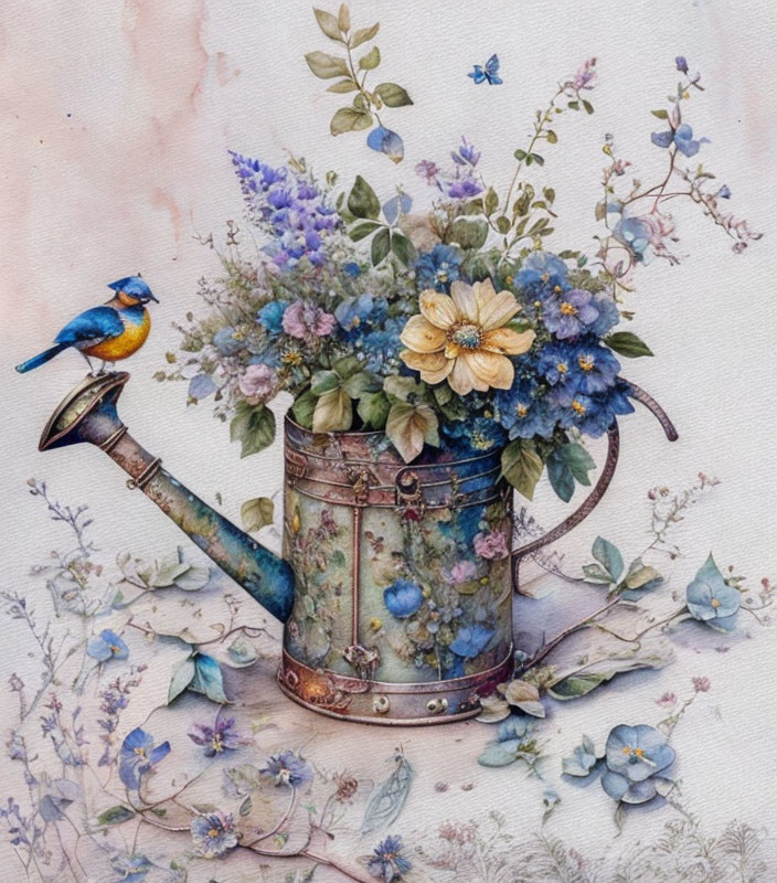 Vibrant painting of vintage watering can with flowers and bird