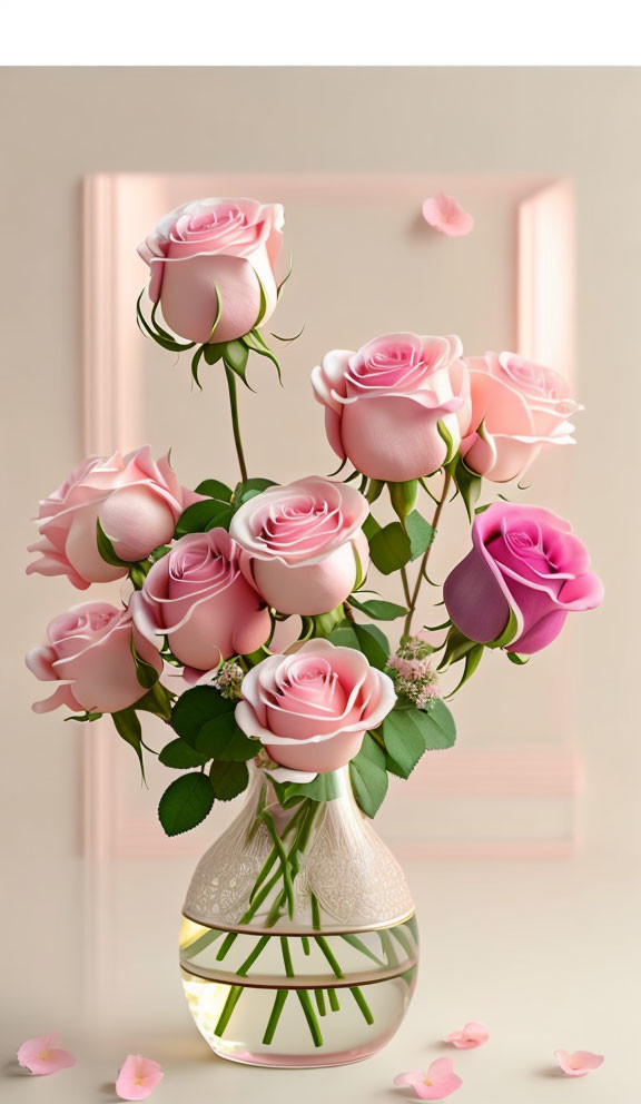 Pink and Magenta Roses in Vase Against Beige Background