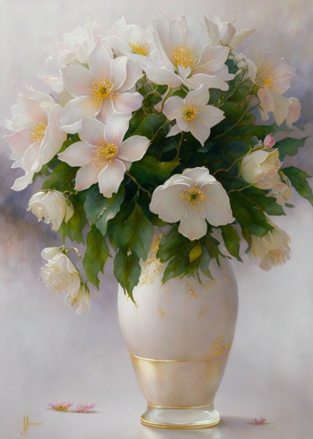 White Flowers Bouquet in Golden-Trimmed Vase on Soft Background
