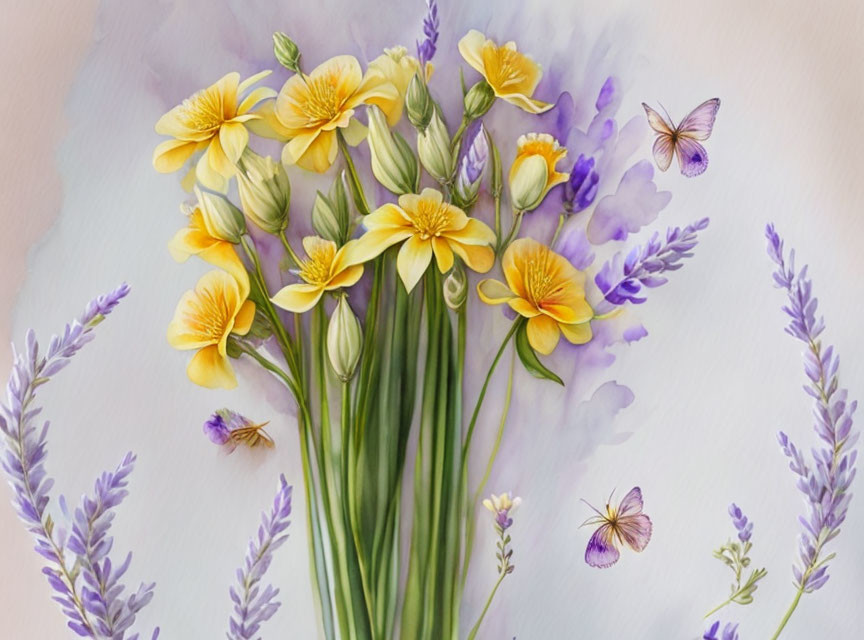 Yellow Pansies and Lavender Bouquet with Butterflies and Bees on Pastel Background