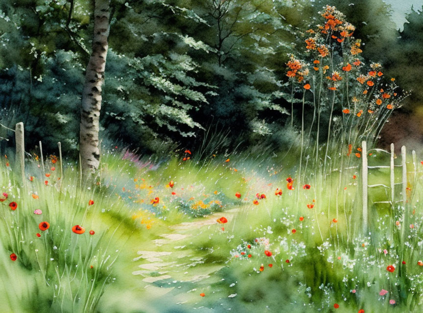 Serene garden path watercolor painting with red poppies and wildflowers