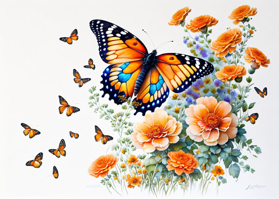 Colorful monarch butterflies and orange flowers on white background