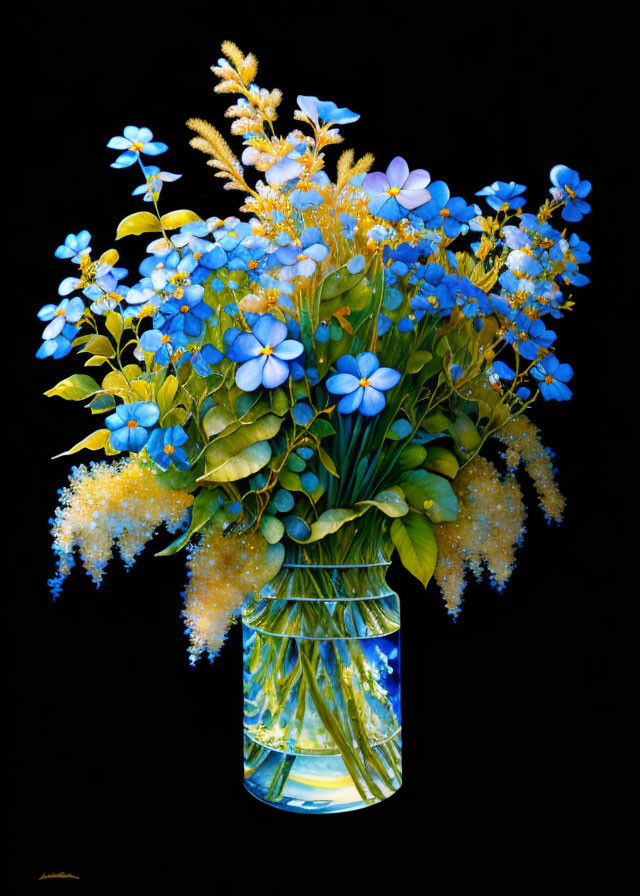 Colorful Blue and Yellow Flower Bouquet in Glass Vase on Black Background