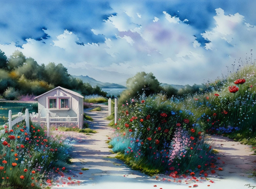 Tranquil watercolor painting of garden pathway with gazebo and mountains