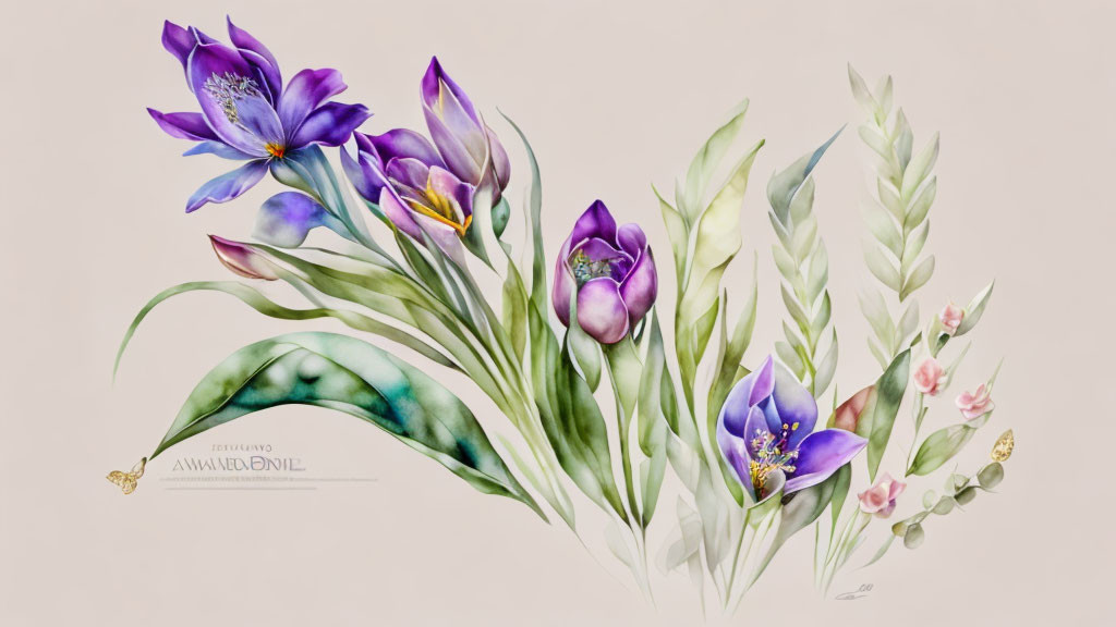 Purple flowers watercolor painting with green leaves and soft shadows