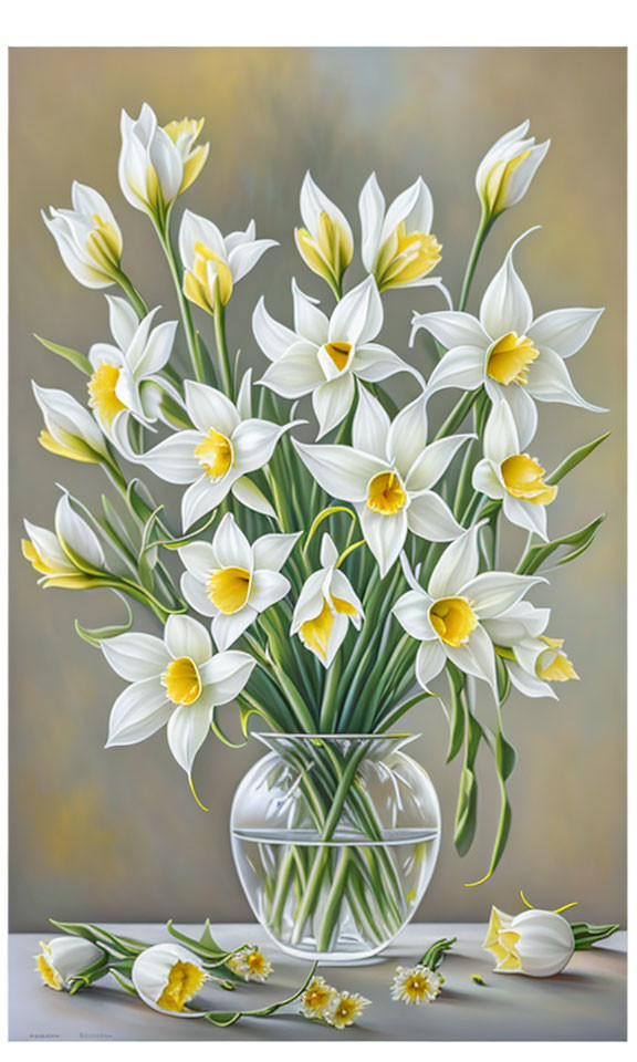 Still life painting of glass vase with white and yellow daffodils on table