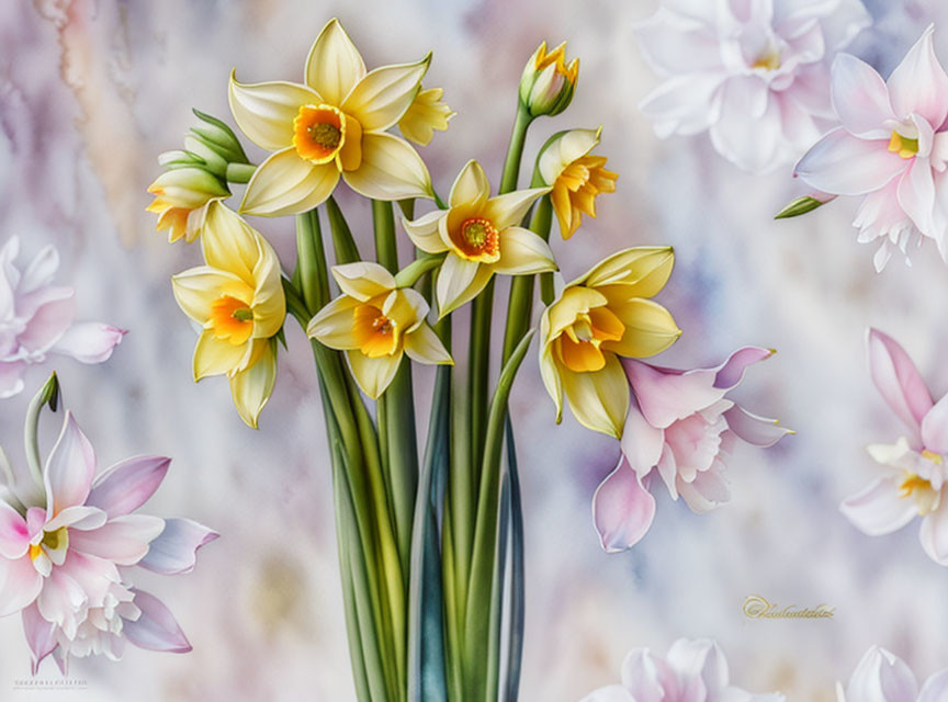 Yellow Daffodils and Pink Flowers on Pastel Floral Background