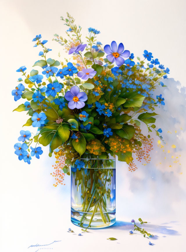 Colorful Blue and Purple Flower Bouquet in Clear Glass Vase