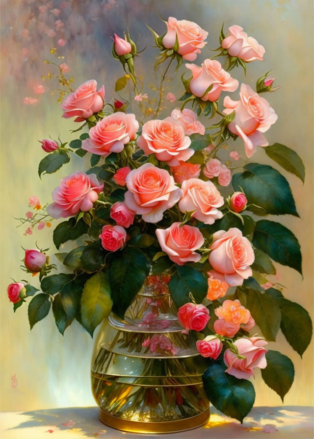 Pink Roses Bouquet in Golden Vase on Soft Background