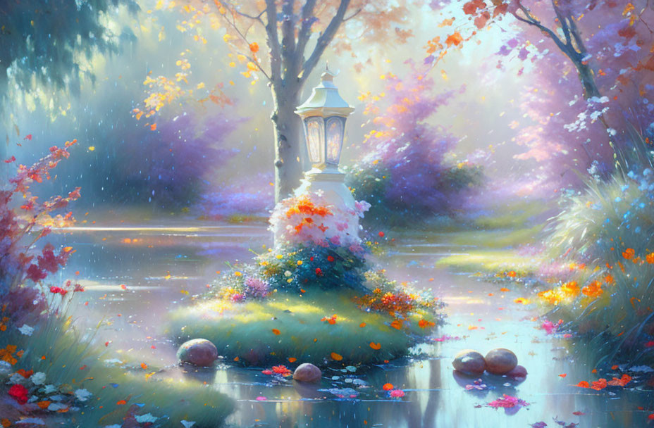 Whimsical garden path with lantern in vibrant digital painting