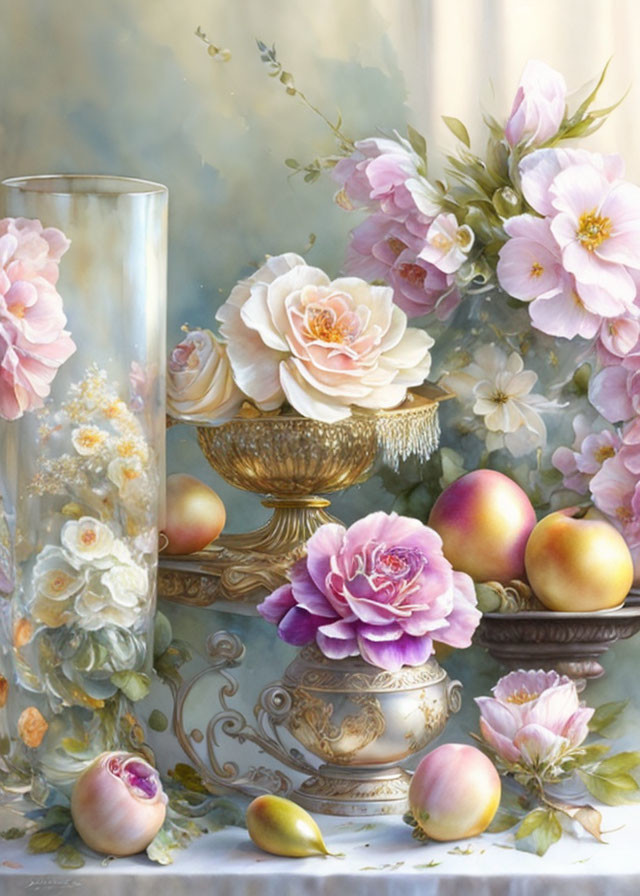 Floral still life with roses, peonies, peaches, and golden accents