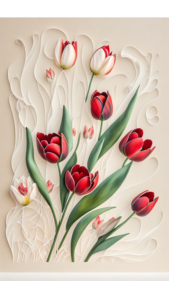 Red and White Paper Tulip Collection on Pale Background