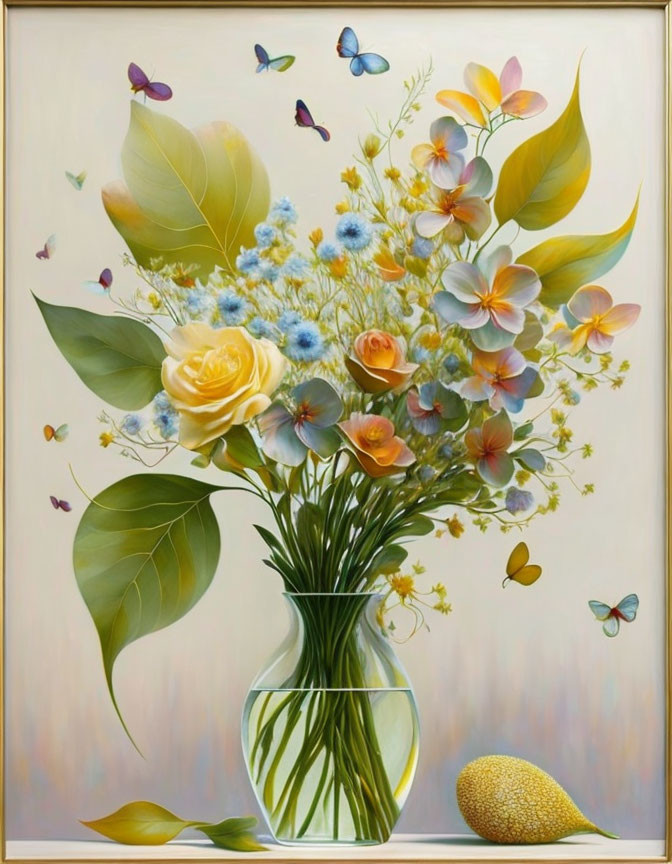 Vase with Flowers, Butterflies, and Fruit Still-Life Painting