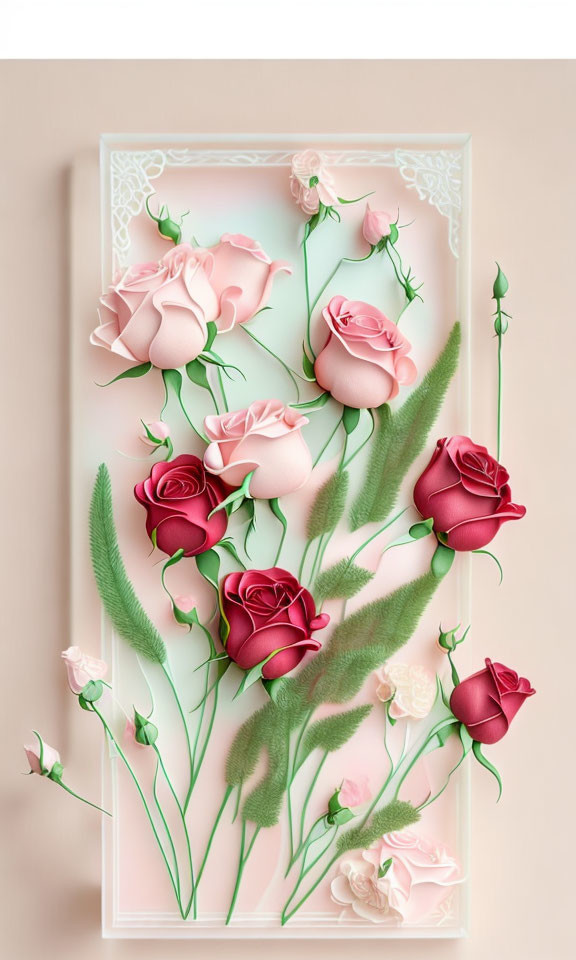 3D Layered Pink and Red Paper Roses Artwork with Green Leaves and Stems
