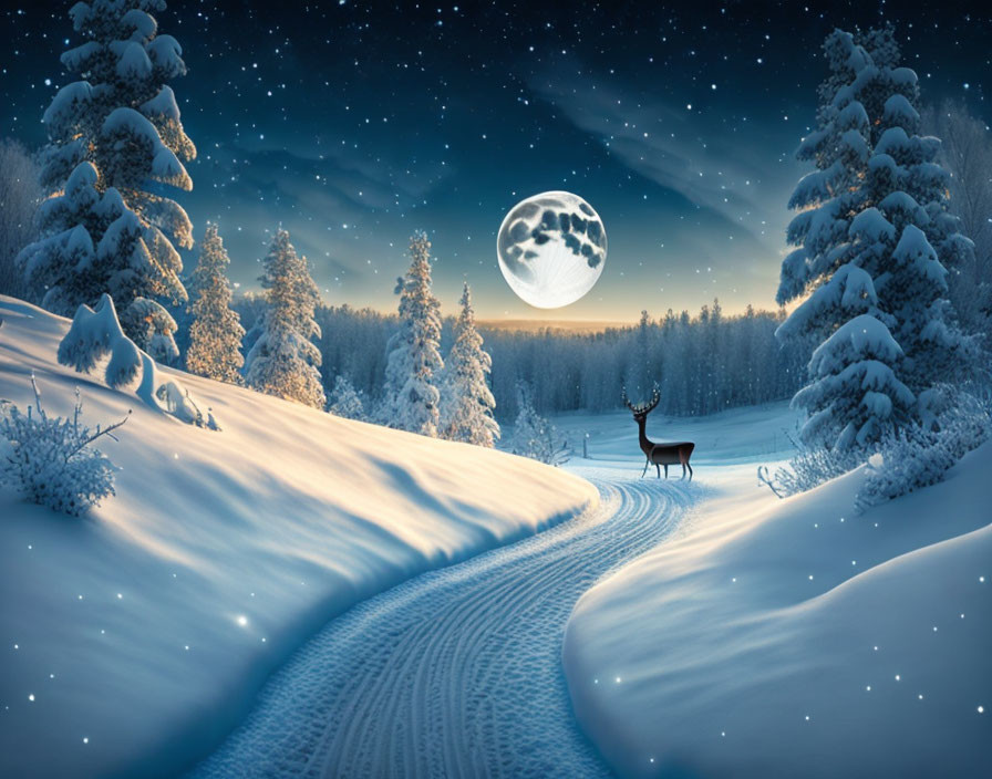Snowy Night Scene: Deer and Wolf under Full Moon