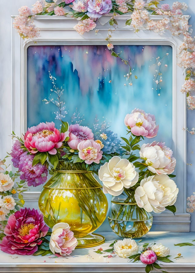 Colorful still life painting: glass vase, peonies, blue and purple backdrop, white border