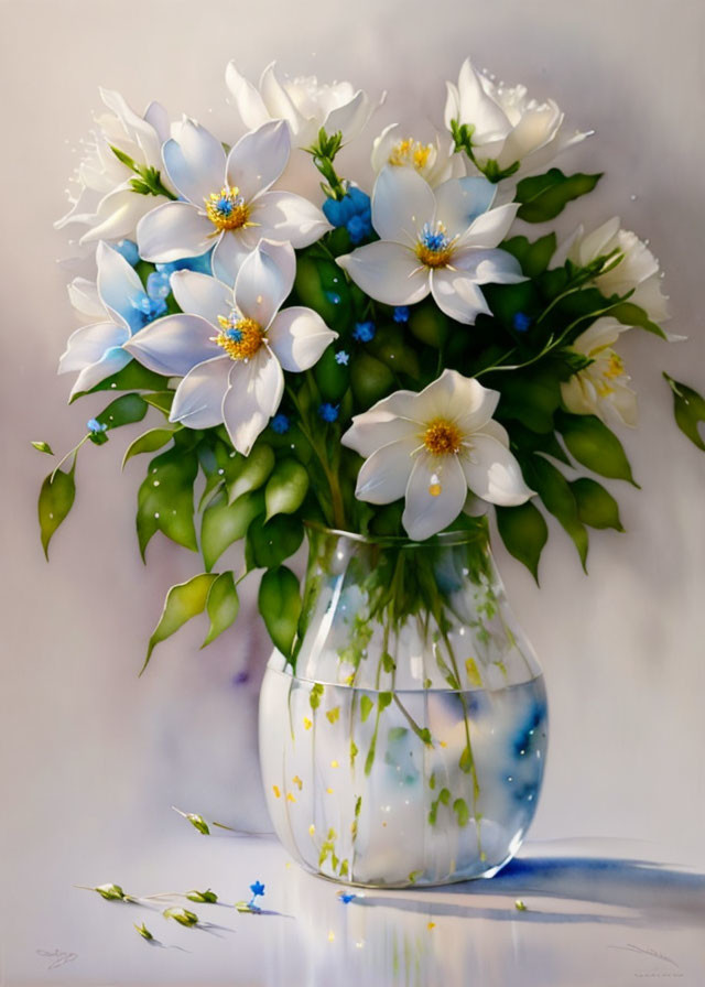 Realistic painting of round glass vase with white flowers and blue accents