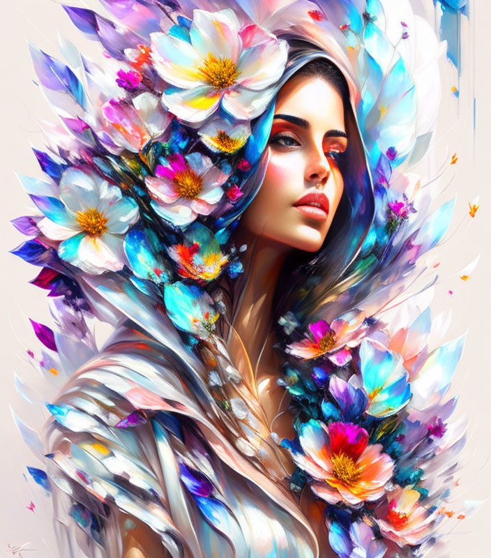 Colorful digital portrait of woman with floral and feather adornments