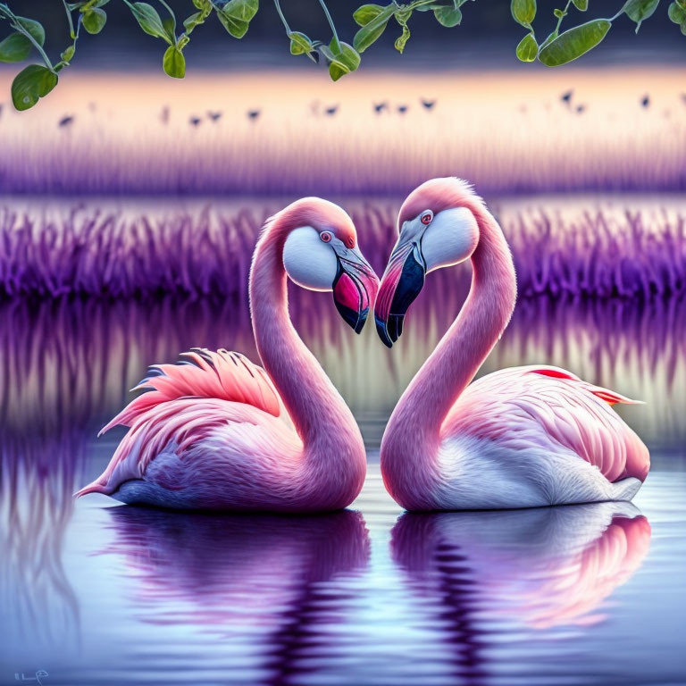 Pink flamingos in heart shape amid serene water with purple backdrop.