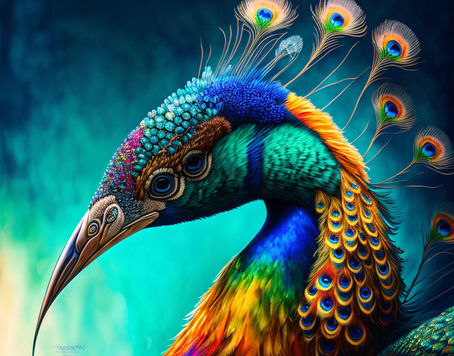 Colorful Peacock Digital Artwork Displaying Iridescent Feathers