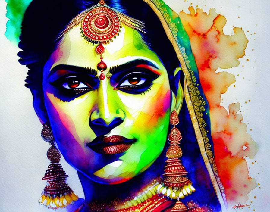 Colorful watercolor portrait of a woman in Indian jewelry and headscarf.