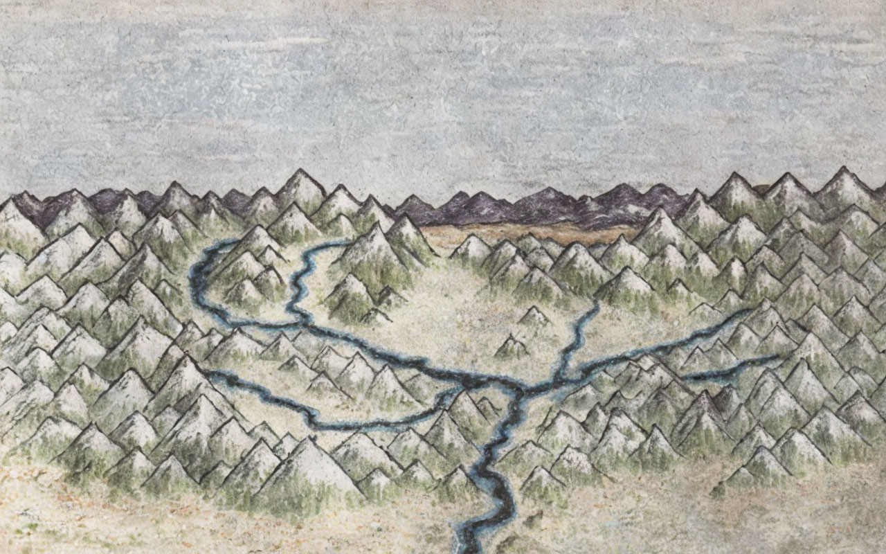 Hand-drawn sketch of mountainous landscape with blue river and cloudy sky