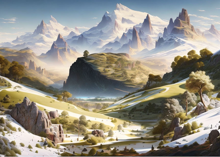 Serene landscape: rolling hills, meandering river, snow-capped mountains