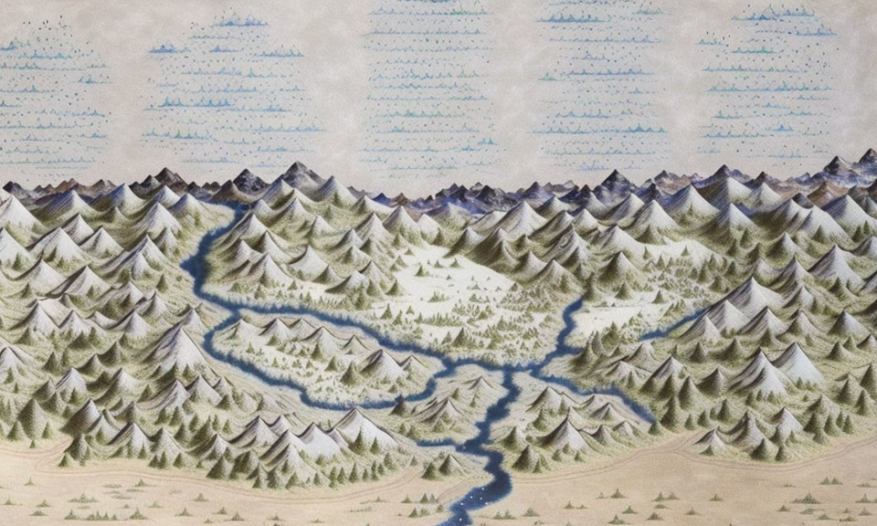 Detailed hand-drawn mountain landscape with river, forests, and patterned sky.