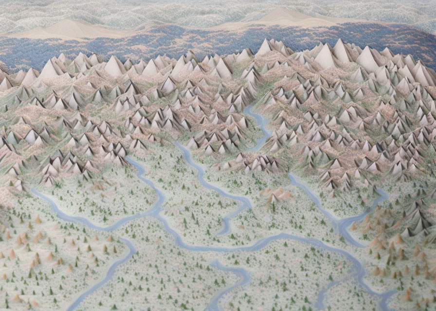 Stylized landscape with patterned mountains, forests, and rivers