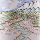Stylized drawing of lush valley with rivers, forests, and mountains