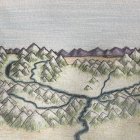 Hand-drawn landscape with rolling hills, river, and clouds
