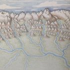 Detailed Illustration of Serene River Landscape with Rocky Cliffs