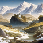 Serene landscape: rolling hills, meandering river, snow-capped mountains