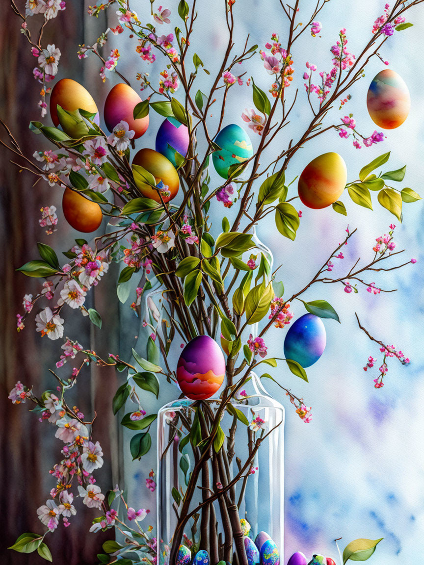 Colorful Easter Egg Arrangement with Blooming Branches in Clear Vase